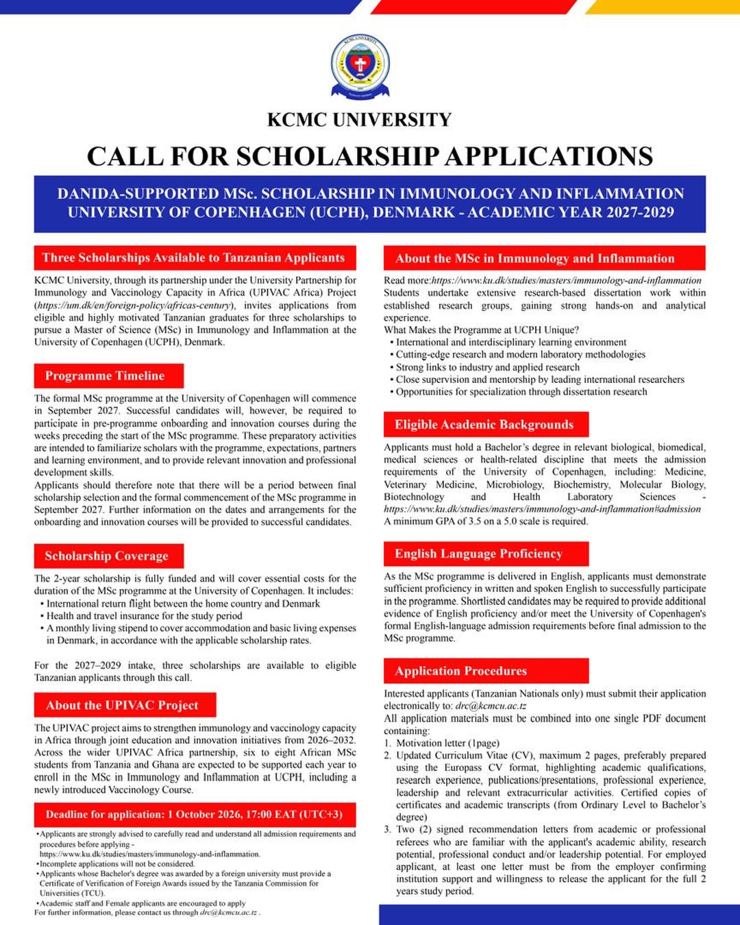 KCMC University Danida Supported MSc Scholarship in Immunology and Inflammation 2027 2029