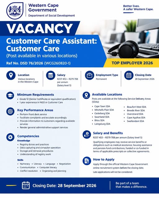 Western Cape Government Customer Care Assistant Vacancies 2026