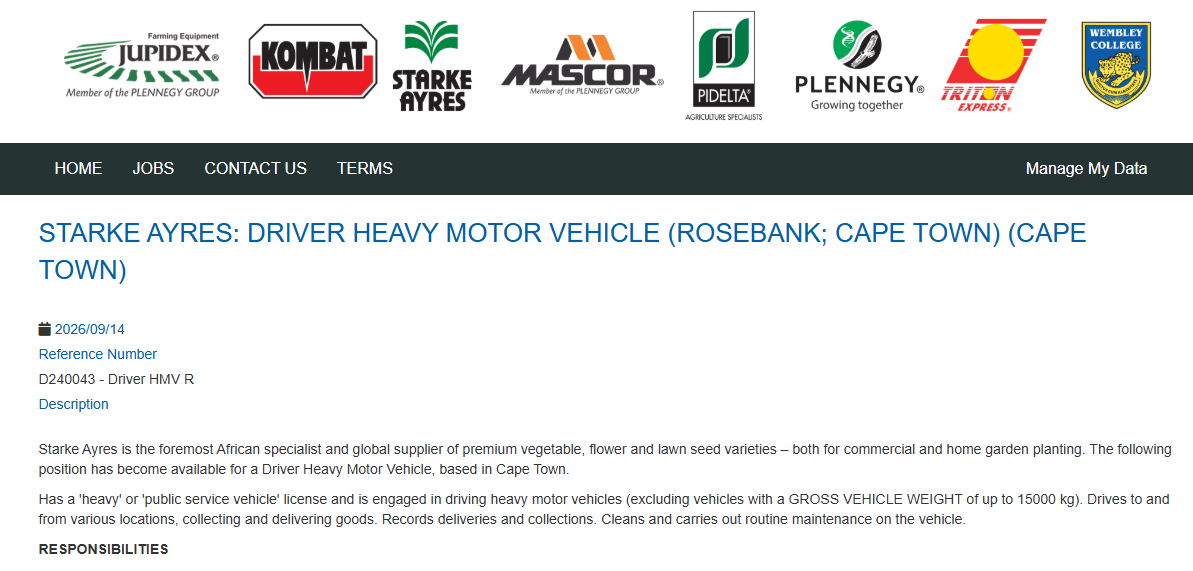 Starke Ayres Driver Heavy Motor Vehicle Vacancies at Starke Ayres 2026