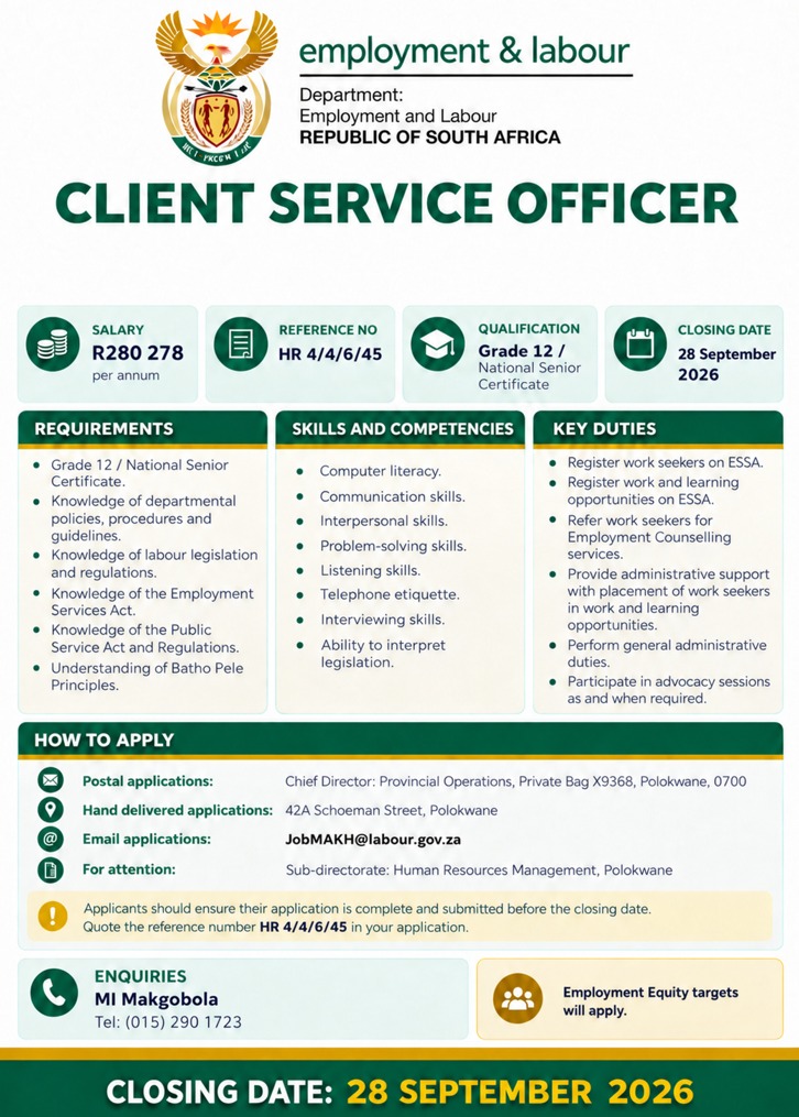 Department of Employment and Labour Client Service Officer Vacancy at Makhado Labour Centre