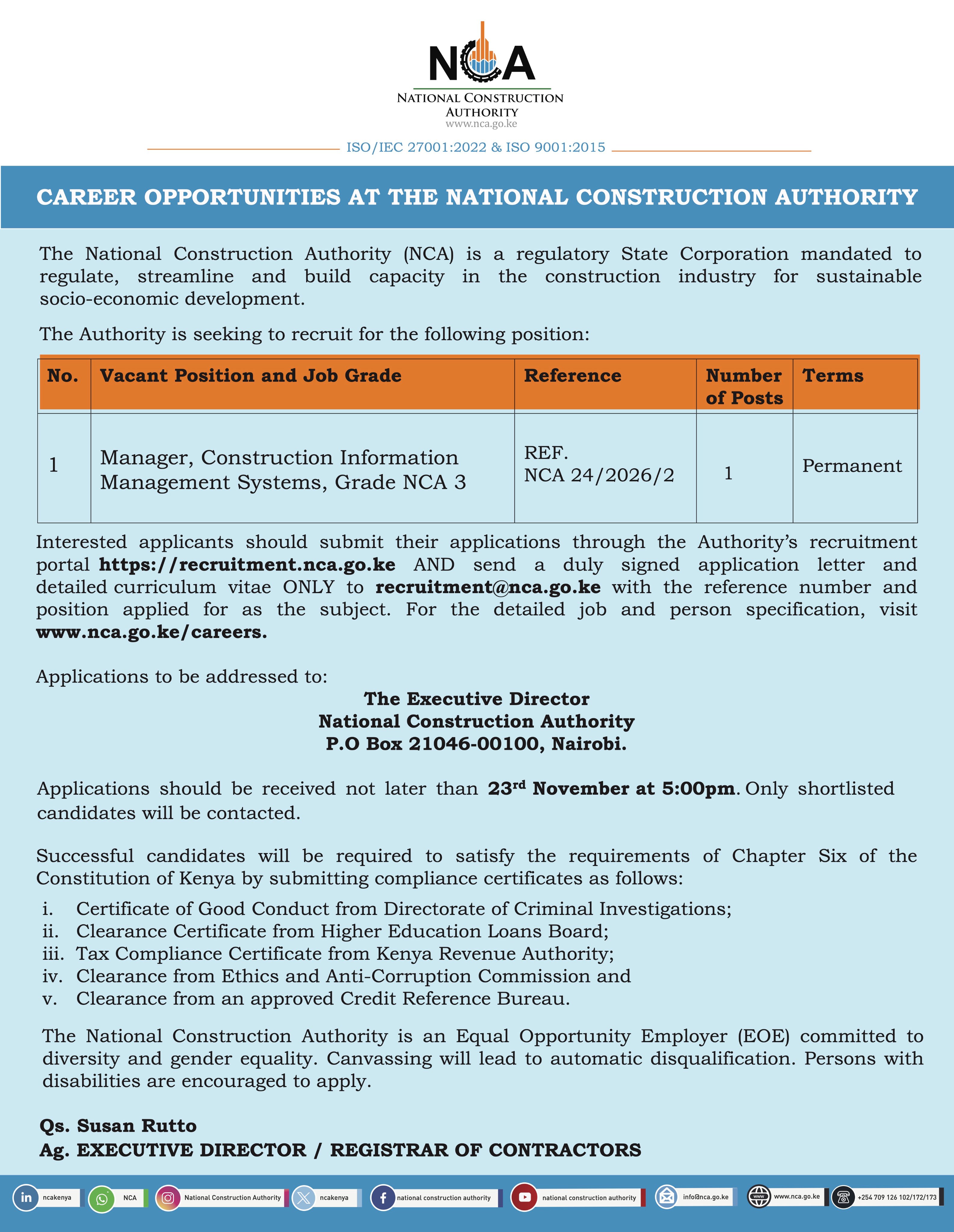 National Construction Authority Manager, Construction Information ...